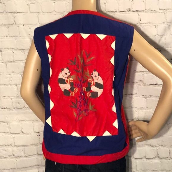 Vintage Handmade One of a Kind Asian Panda Red Vest Embroidered Medium? - Picture 6 of 8